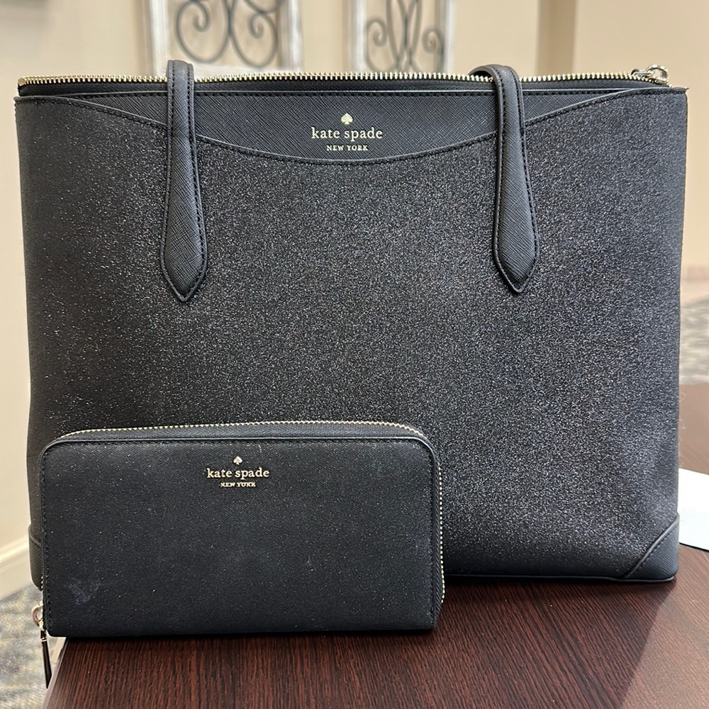 Large Kate Spade Black Sparkly Tote AND wallet